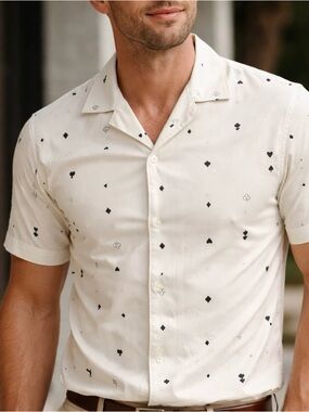 Club Monaco Cream Short-Sleeve Button-Up Shirt with Black Card Motif